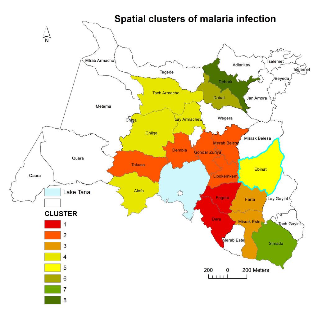 Figure 5. Spatial distribution of significant high rates malaria clusters at a district levels in northwest Ethiopia between 2003 and 2012.