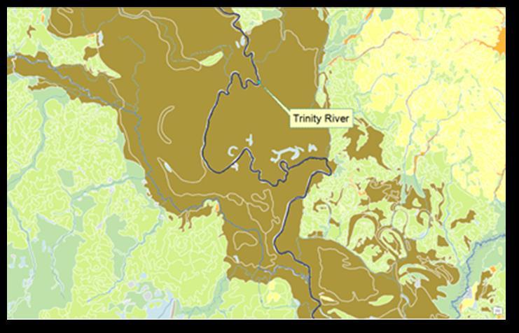 The geological map reveals the same pattern as the available soil water map, where the silty soil (in sky blue) falls around the river, along with high
