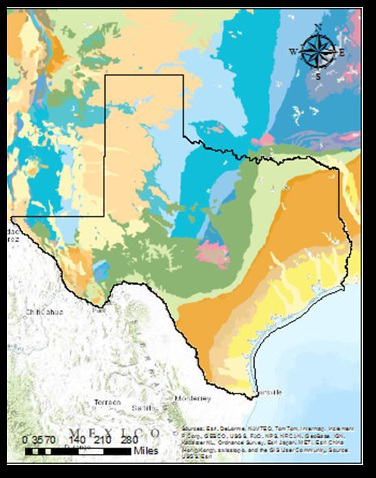 Figure 7: Available soil water and Geological age map of Texas Similar patterns can be seen in the land cover and topographical relief map (figure 8).