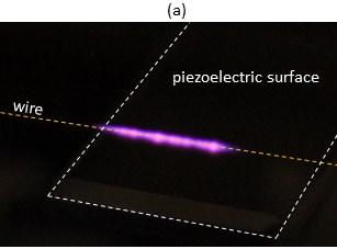 Proc. ESA Annual Meeting on Electrostatics 2015 5 Fig. 3. (a) The glow that forms around a grounded wire when placed 0.5 cm from the surface of a LN piezoelectric transformer.