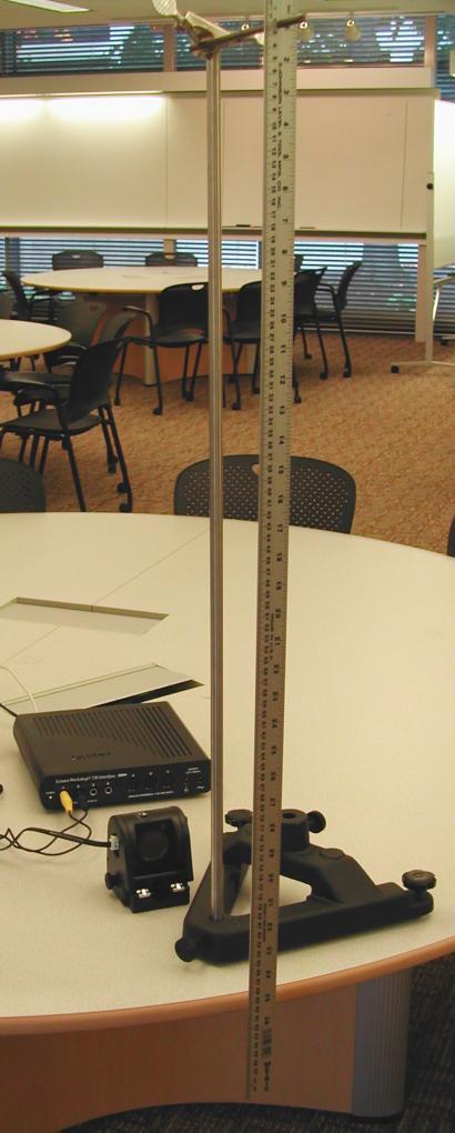 Equipment setup uspend 1m ruler so it can swing over edge of table. Measure the period of oscillation with the Datatudio motion sensor.