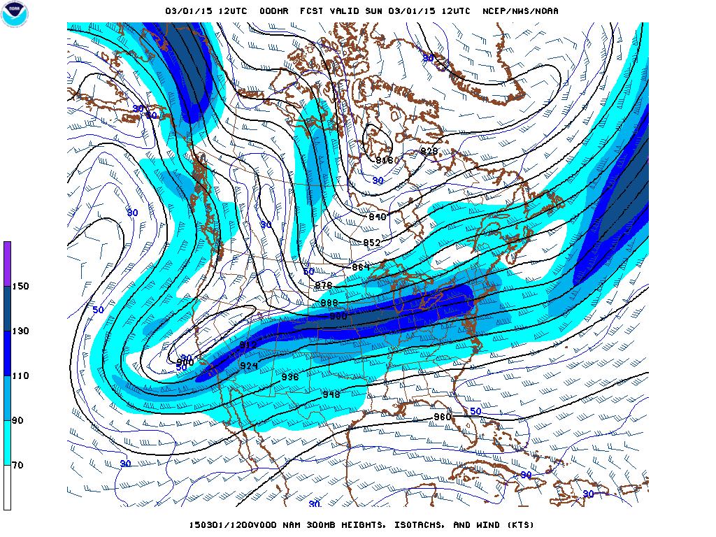 Figure 5-46. 300 MB Constant Pressure Forecast Example Contours of the height of the 300 MB surface are presented as solid lines. Windbarbs are used to show the direction and speed of the wind.
