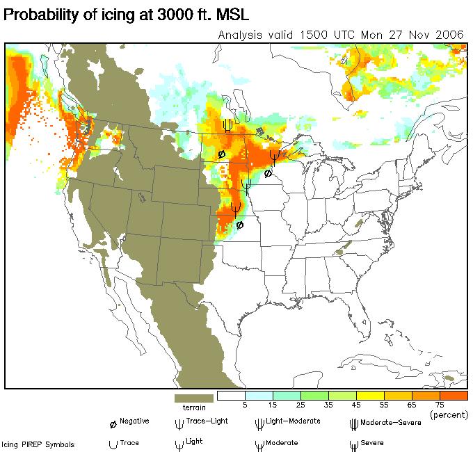Figure 5-69. CIP/FIP Icing Probability (3,000 Feet MSL) Example Cool colors (e.g., blue and green) represent low probabilities and warm colors (orange and red) represent higher probabilities.
