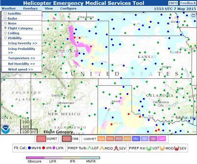 Figure 6-3. HEMS Flight Category with Flight Category Overlay Example Note: The flight category is colored for MVFR, IFR, and LIFR. The VFR areas are transparent.