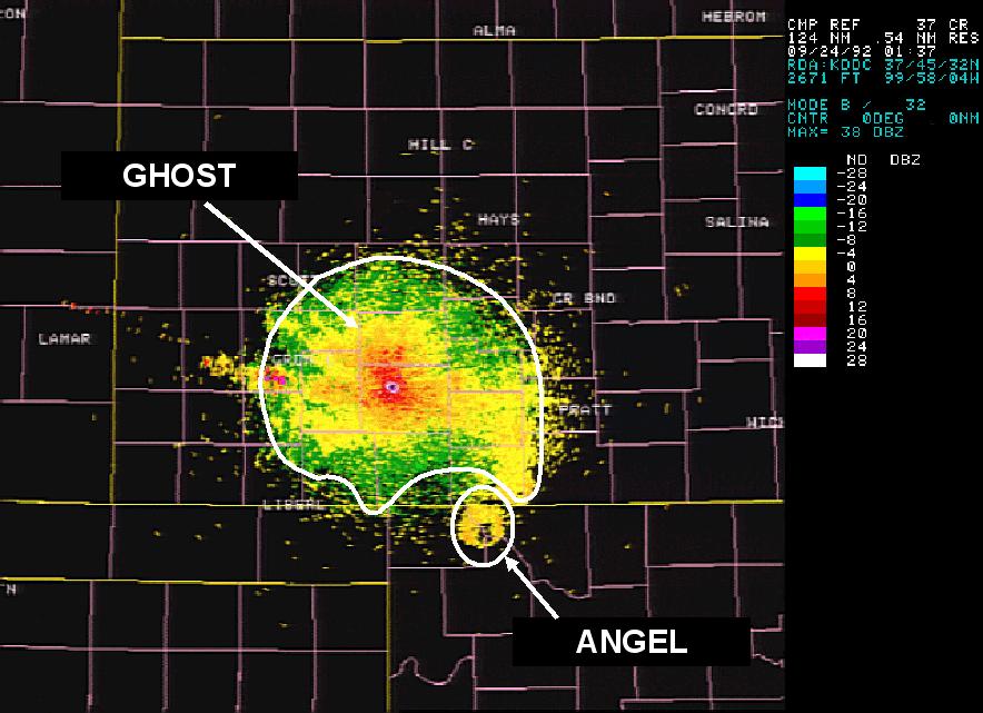 Figure 3-24. WSR-88D Weather Radar Angel Example This angel was caused by bats departing Selman Bat Cave at Alabaster Caverns State Park, OK around sunset. 3.3.7.6 Anomalous Propagation (AP).