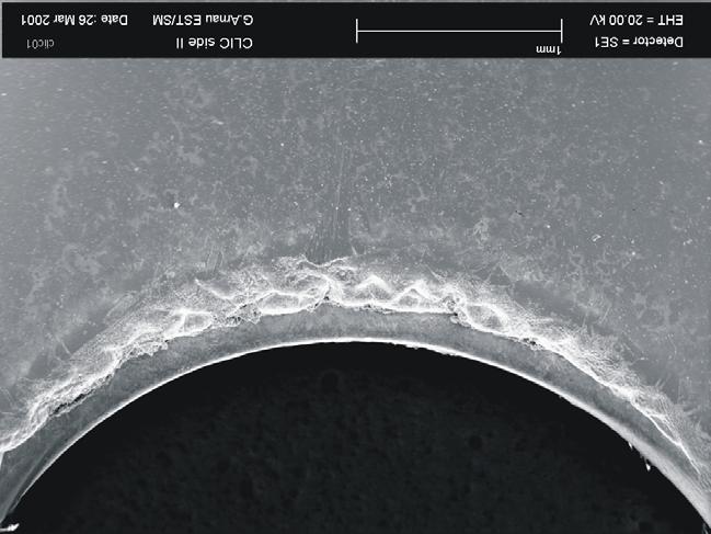 1 mm Microscopic image of damaged iris Damaged iris longitudinal cut The CLIC study group is adopting a two-pronged approach to solving the breakdown problem Modify the RF design