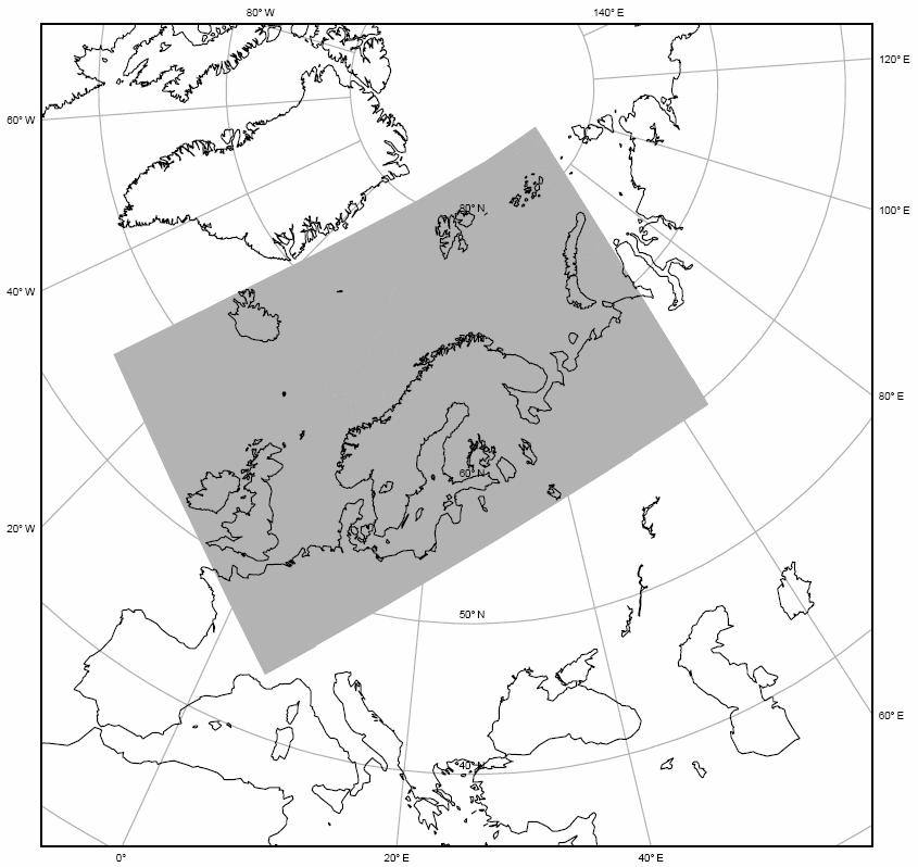 Domain Configuration at (Forecast model) 11 km horizontal resolution, (270x405 nodes) and 40 vertical eta levels Domain centred over Norway, same as