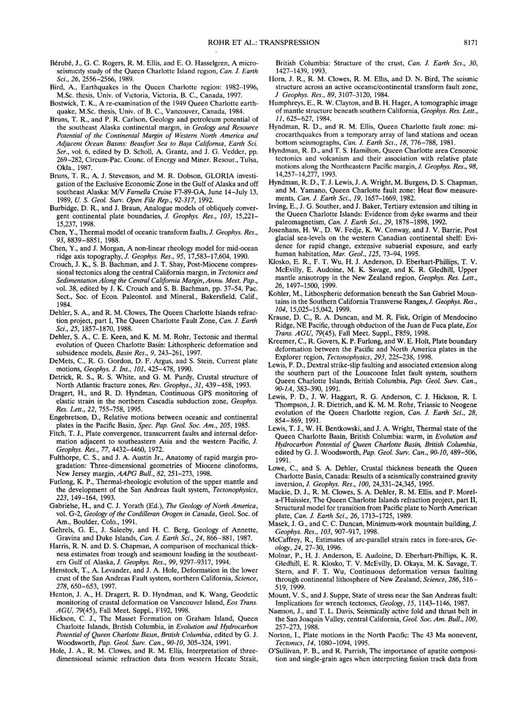 ROHR ET AL.: TRANSPRESSION 8171 Bdrubd, J., G. C. Rgers, R. M. Ellis, and E. O. Hasselgren, A micrseismicity study f the Queen Charltte Island regin, Can. J. Earth Sci., 26, 2556-2566, 1989. Bird, A.