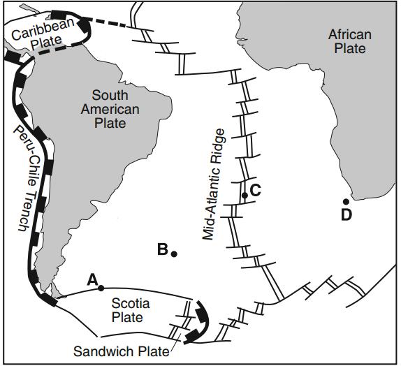 The map below shows a part of Earth s surface. Points A through D are locations on the ocean floor.
