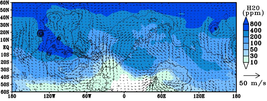 The origin of this asymmetry is illustrated in Figure 7, which shows the wind and atmospheric water content above the surface in early winter.