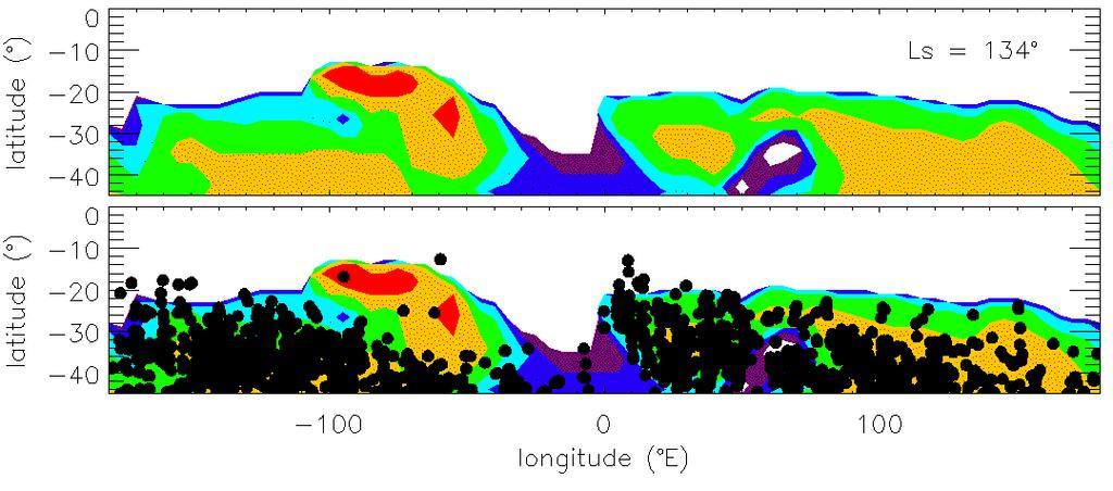 Stability limit of 5 µm thick water ice deposits predicted by the model as a function of slope angle (blue, 30, green, 20 and red, 10 ) for 3 L S.
