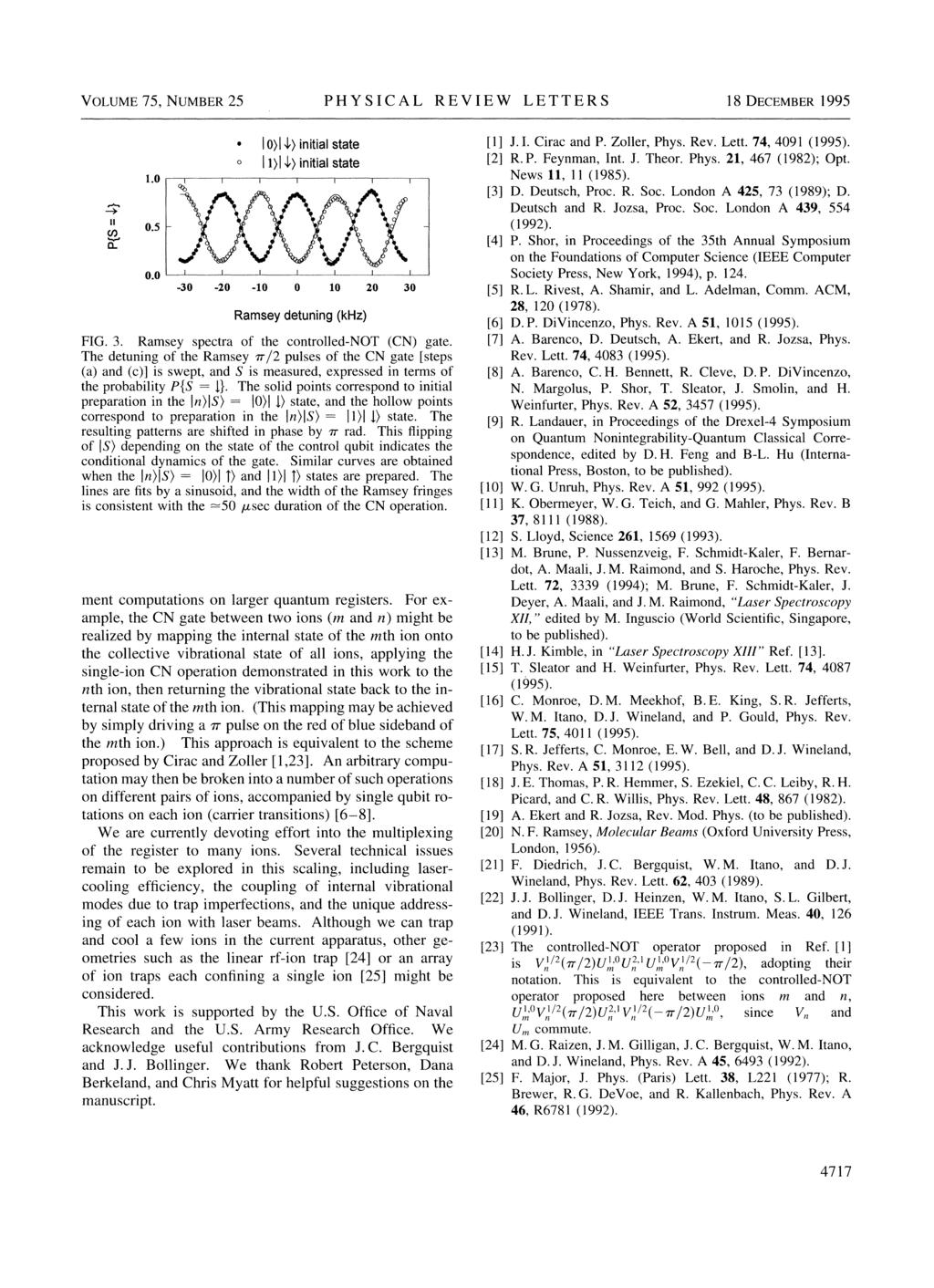 ' VOLUME 75, NUMBER 5 PHYSICAL REVIEW LETTERS 18 DECEMBER 1995 Il CO CL 1.0 0.5 0.0 ~ 10&l I& initial state I 1)I 4& initial state -30-0 -10 10 0 30 Ramsey detuning (khz) FIG. 3. Ramsey spectra of the controlled-not (CN) gate.