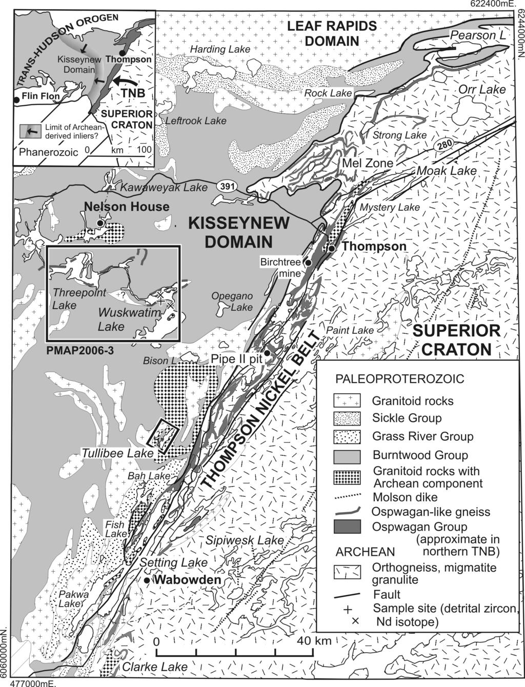 Figure GS-9-1: Geology of the Thompson Nickel Belt and northeastern Kisseynew Domain, showing areas visited in 2006 with narrow belts of Ospwagan-like and sample sites for sensitive high-resolution