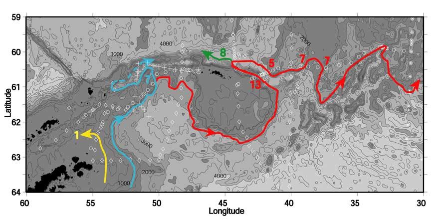 Figure 6. Schematic of the paths of fronts as deduced in this study: Antarctic Coastal Current (yellow line), Antarctic Slope Front (blue line), and Weddell Front (red line).