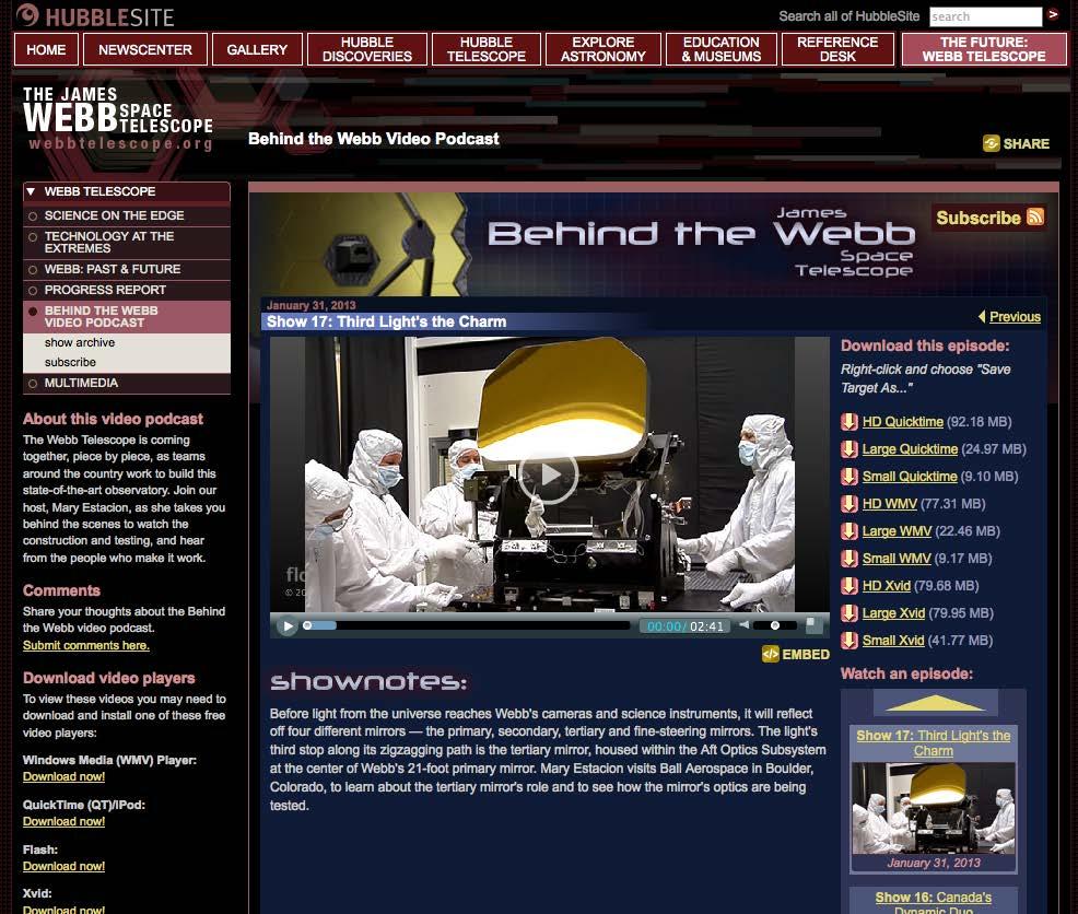 JWST on the web Resources Behind the Webb Series of short videos showing various moments in the development of