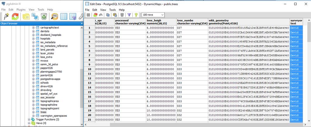 14 Update a PostGIS Database Table with values in a Field Now that we have a new field called Surveyor we will use ogrinfo to update that field with new values for all records.