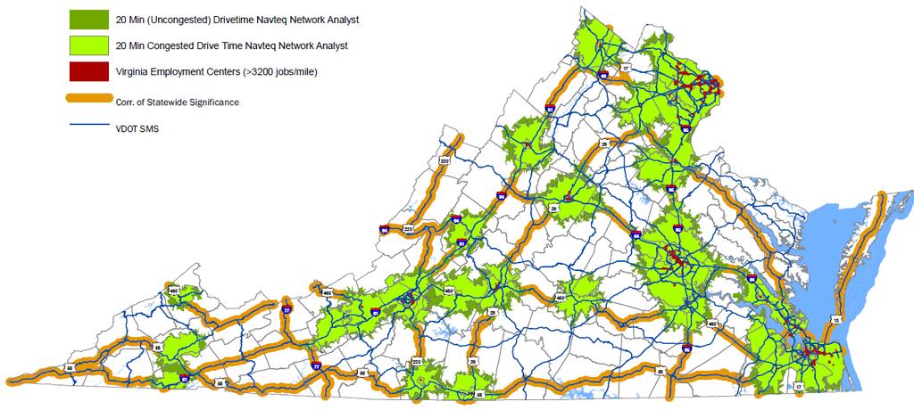 Vehicular Accessibility to Employment Centers Fun Facts (using GIS network analyst to calculate drive times based on POSTED SPEEDS & on TTI data for congestion factors): 81.