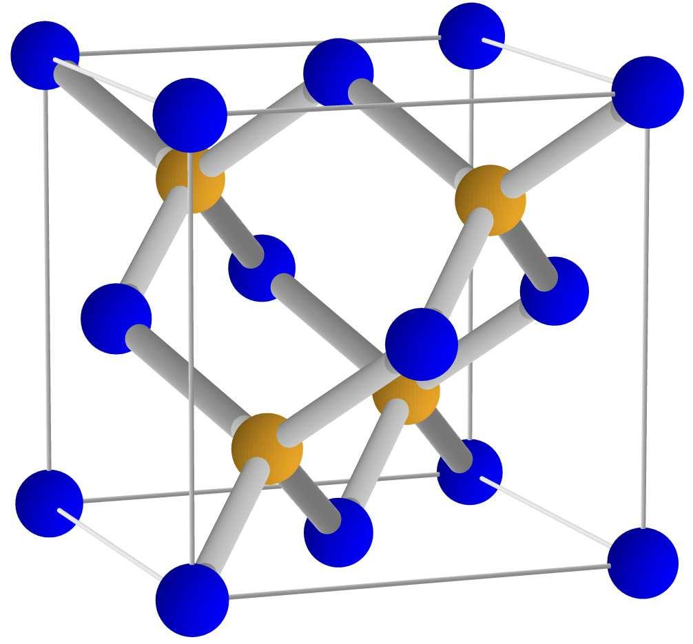 Figure 2.1: Unit cell of the zincblende crystal structure. Each gallium atom (yellow) is bonded to four arsenic atoms (blue) and vice versa.