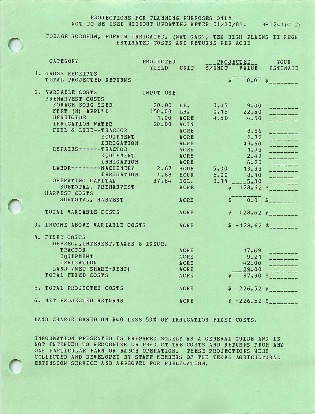 PROJECTIONS FOR PLANNING PURPOSES ONLY NOT TO BE USED WITHOUT UPDATING AFTER 01/20/81 B 1 241 (C 2) FORAGE SORGHUM, FURROW IRRIGATED, (NAT GAS), TEX HIGH PLAINS II REGN ESTIMATED COSTS AND RETURNS