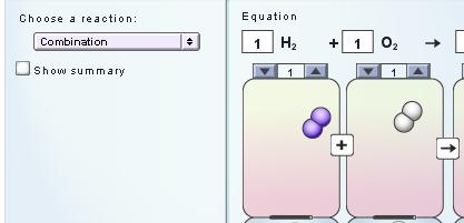 In the Gizmo, use the up and down arrows to adjust the numbers of hydrogen, oxygen, and water molecules until the equation is balanced. When you are done, turn on Show summary to check your answer.