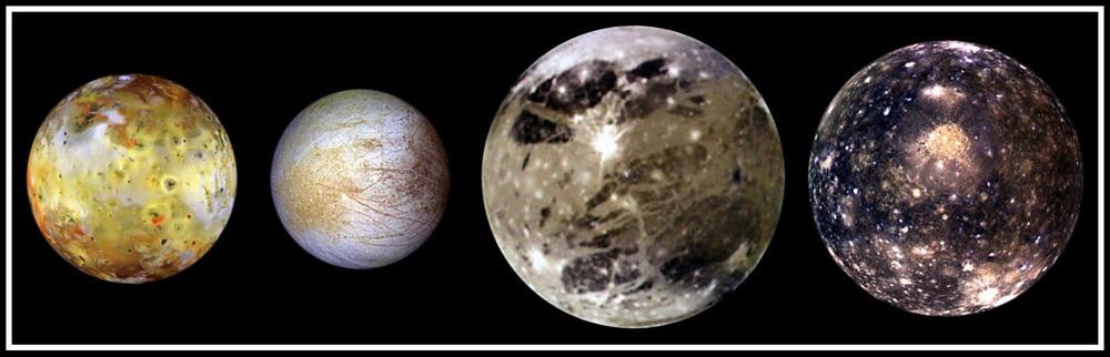 The Family Portrait: Galilean Satellites NASA/JPL Io Europa Ganymede Callisto Moon Radius (km) 1822 1561 2631 2410 1738 Mass (10 21 kg) 89.3 48.0 148.2 107.6 73.5 Mean density (g cm -3 ) 3.53 3.01 1.