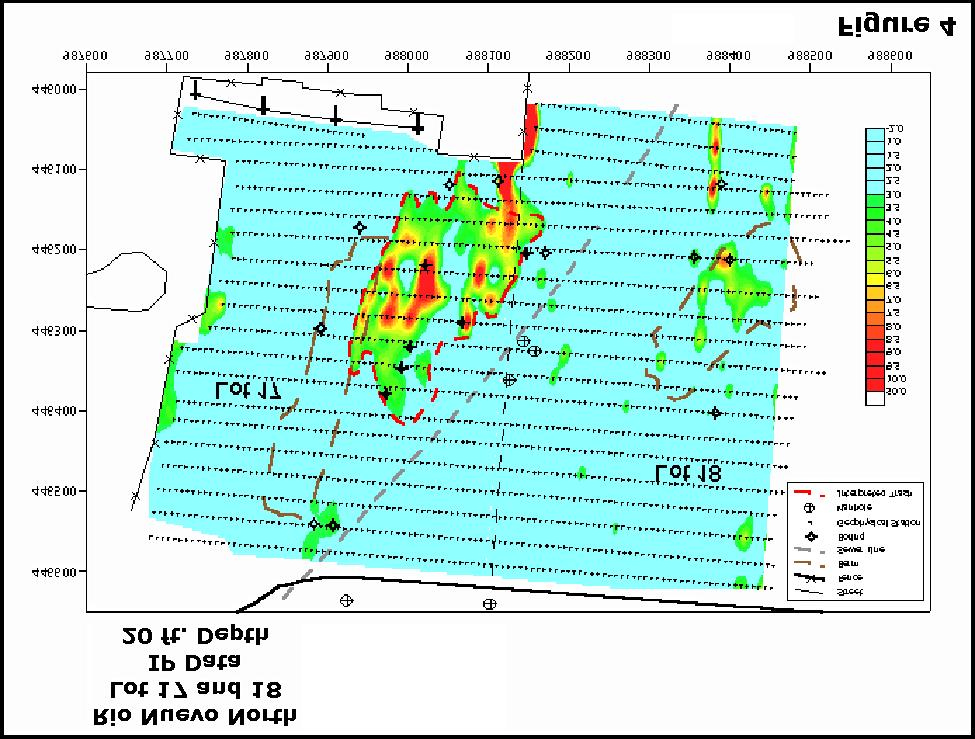 Figure 3 shows the IP results (2-D smooth-model inversion) in plan view for the entire site at a depth of 6.1 m (20 ft).