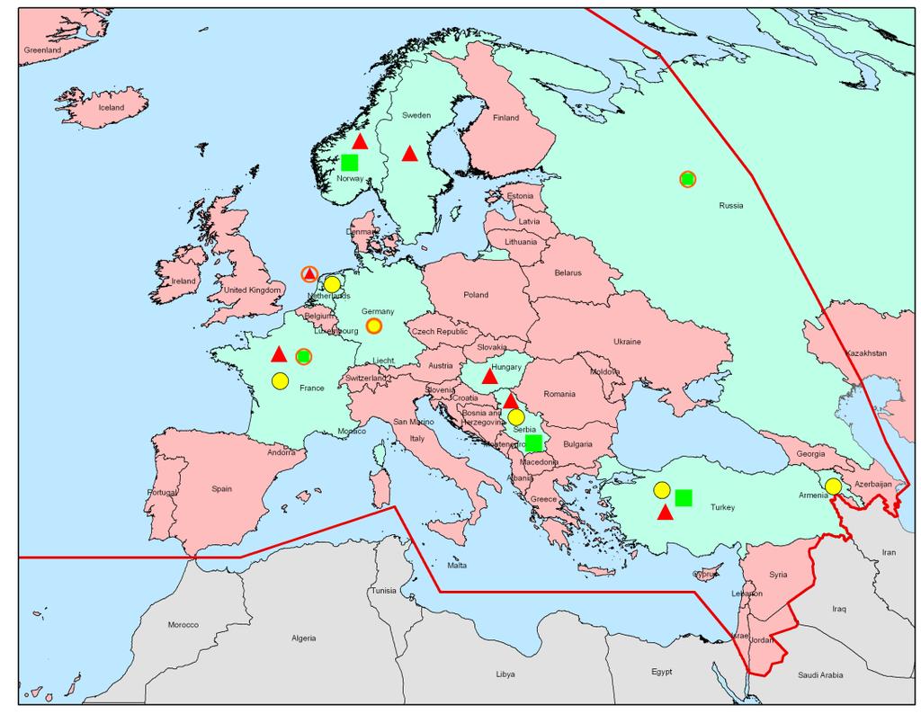 Monitoring (yellow): Armenia, France, The Netherlands, Serbia, Turkey; lead: Germany