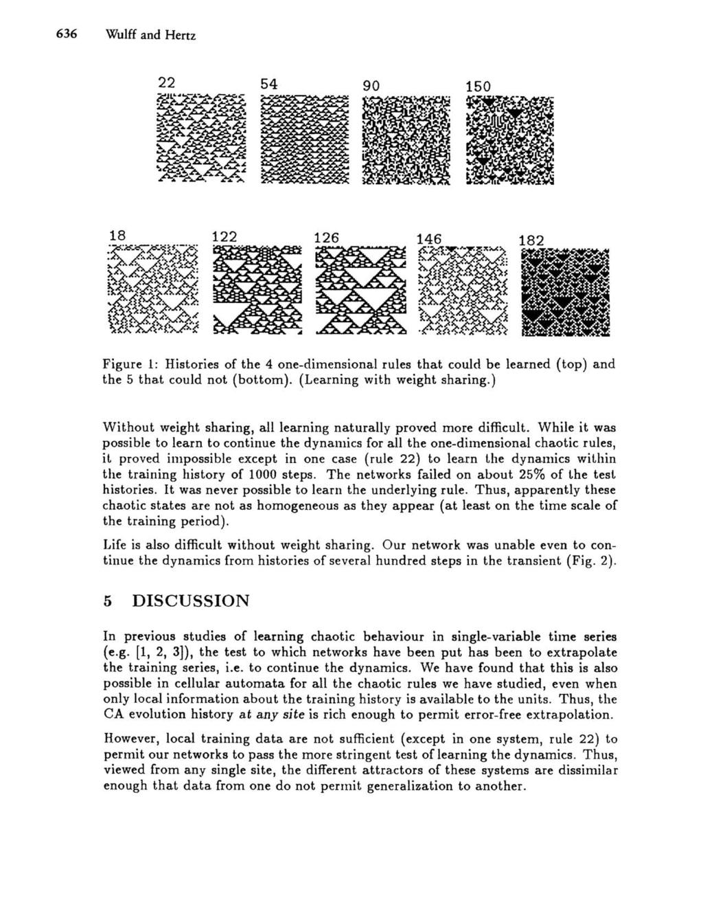 636 Wulff and Hertz 22 54 90 126 182 Figure 1: Histories of the 4 one-dimensional rules that could be learned (top) and the 5 that could not (bottom). (Learning with weight sharing.