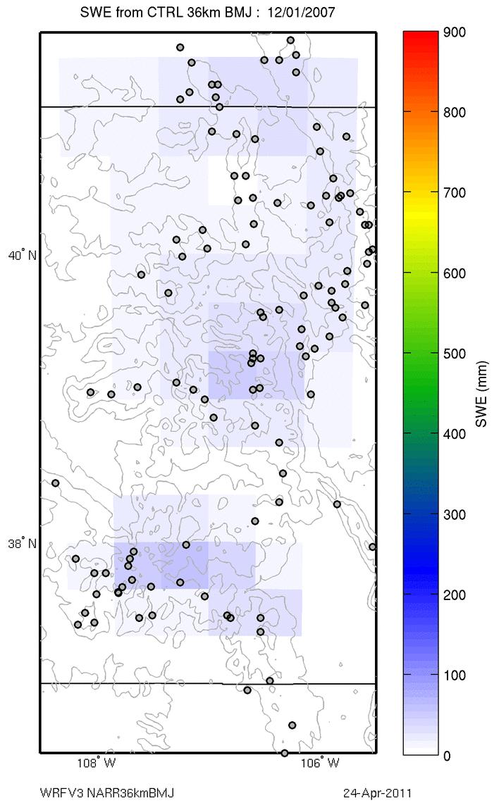 WRF model simulation of Snowpack (Snow Water Equivalent) for two different model resolutions 1 Dec.