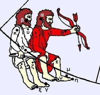 The Twins, Gemini red twin holding bow& arrow the white one