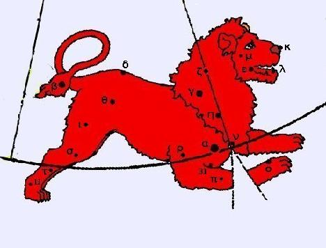 The Lion, Leo red lion in attack position hind legs on the head of serpent 12 λ Alterf