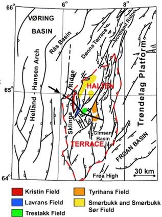 Chapter 3 Geological Description of The Study Area a b Figure 26: a) Location of Haltenbanken area, the regional tectonic frame work with the Halten South Fields, and well location in the Kristin and