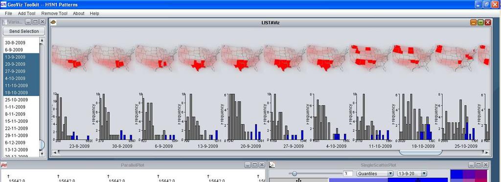 Figure 4: LISTA-Viz in GeoViz showing spatio-temporal inflection point in the H1N1 pandemic of 2009.