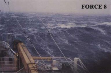 5 to 19 ft) Figure E 8: Photo depicting Beaufort Force 7 Beaufort Force 8 Wind speed: 34 to 40 kt (gale) Sea Criterion: Moderately high waves of greater length;