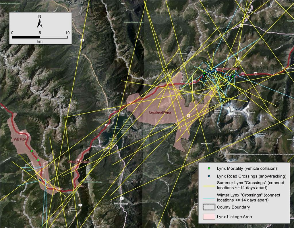 Figure 2. Road crossings documented by snow tracking and line segments that a) crossed I-70, and b) had endpoint telemetry locations separated by 14 days, 1999-2010.