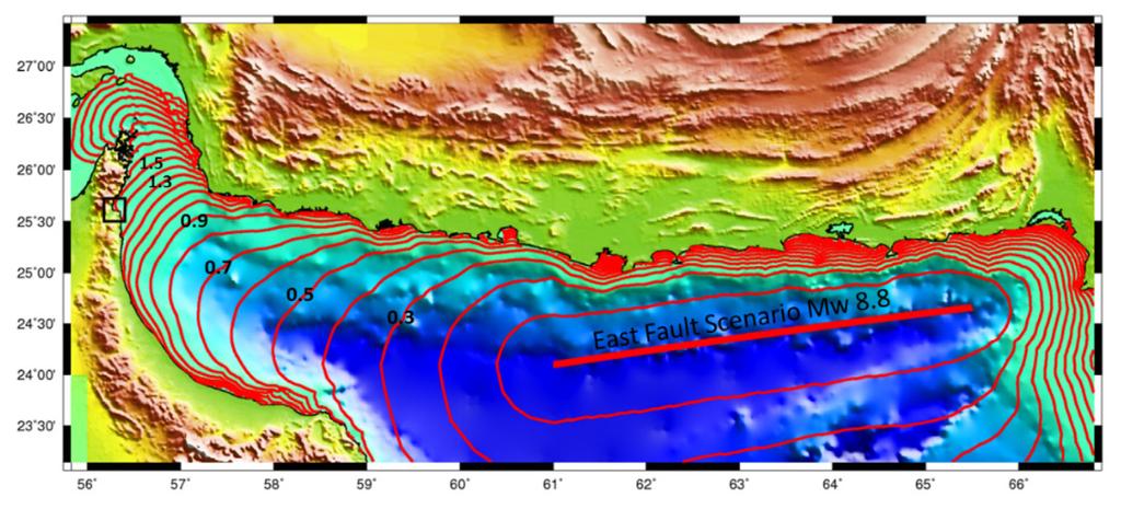 Table 1.Makran Subduction Zone Tsunamigenic Earthquake Scenarios. Makran Subduction Zone Scenarios Scenario MSZ Length(km) Width(km) Slip(m) Dip( ) Strike( ) Rake( ) M One Eastern 461 110 11.