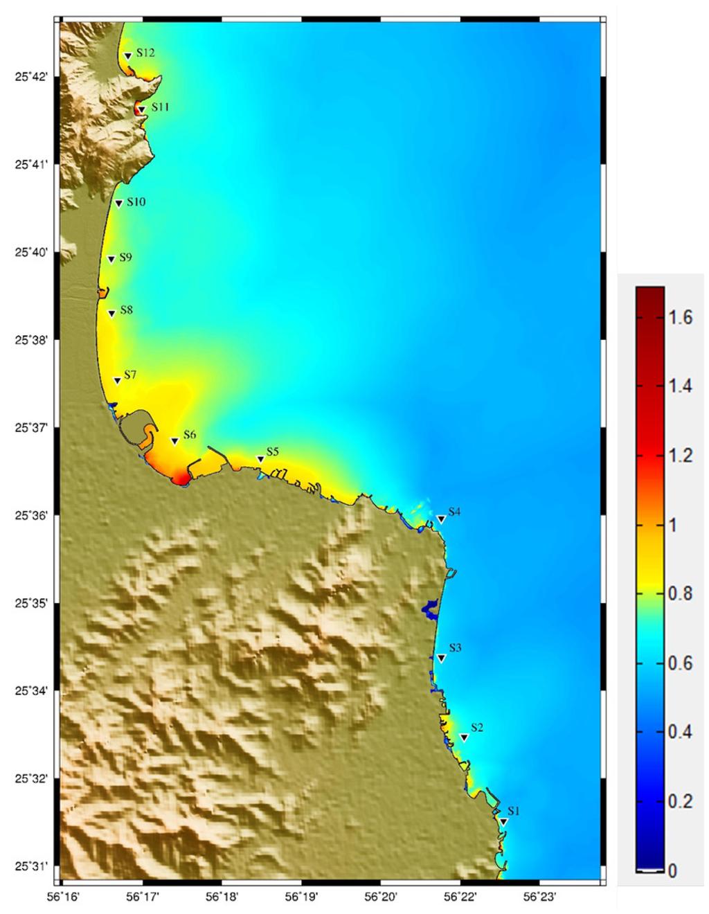 Fig. 6. Tsunami hazard map for Diba Oman with 5m grid spacing representing maximum wave height and inundation in meters for Scenario One M w 8.