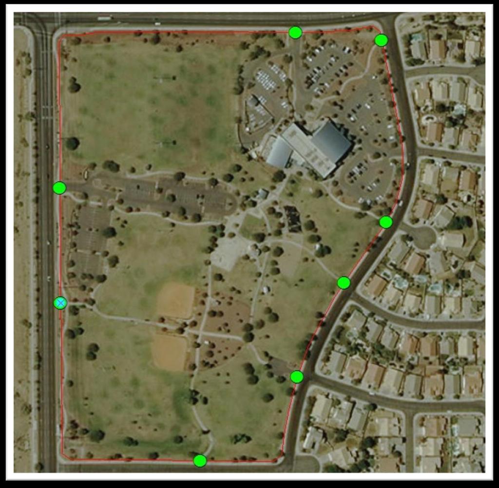 Figure 4 Manually digitized park access points Figure 4 shows the digitized park access points as an example. The red polygon is the boundary of the park.