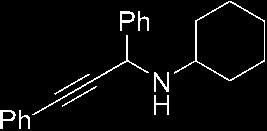calcd [M+H] + (C 19 H 21 N) 264.38, found 263.87. N-(1,3-diphenylprop-2-yn-1-yl)cyclohexanamine 1e: yellow oil, 70% yield; 1 H NMR (400 MHz, CDCl 3 ): δ 7.57 (d, J = 7.2 Hz, 2H), 7.45-7.43 (m, 2H), 7.
