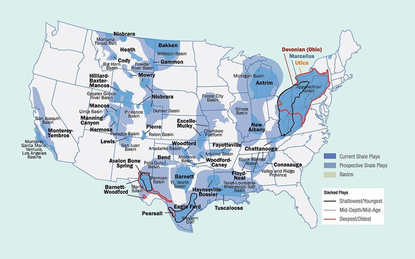 Figure 1.1: A map of the shale plays in the lower 48 states (courtesy of the American Petroleum Institute).