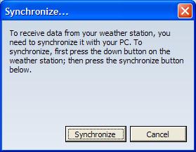 SYNCHRONIZING ANY TIME (OTHER THAN DURING INSTALLATION OF THE SOFTWARE) If for any reason the weather station and USB communication device/software lose connection with each other (replacing the