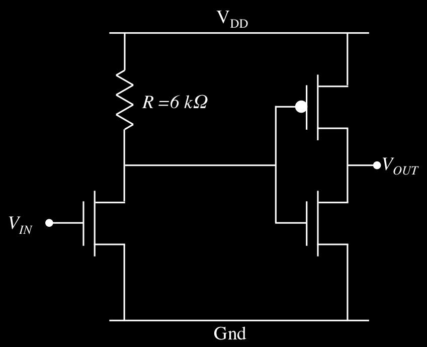 4. (20 points) Consider the following non-cmos circuit. Ideal: V dd = 600mV, V thn = 300mV, V thp = -300mV.