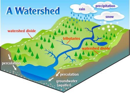 All the land that slopes toward the stream and drains rain and melting snow into the stream C. A large wet area of land that completely surrounds the stream. What is a Watershed?