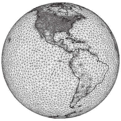 corresponding to 500 km based on an average Earth radius of 6370 km. The triangulation includes all the stations more than 10 km apart, requiring a total of 15182 vertices and 30360 triangles.