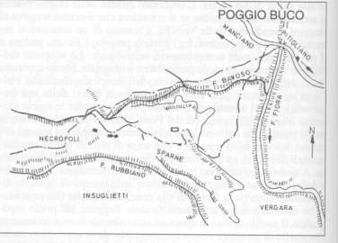 - Zanini 1993, 363-72. 57 POGGIO BUCO (TOSKÁNSKO, GR) Poloha: vertikálne útesy a pri rieke Fiora umelo vytvorené priekopou (obr.27). Zachované 3km hradieb. Materiál: tuf.