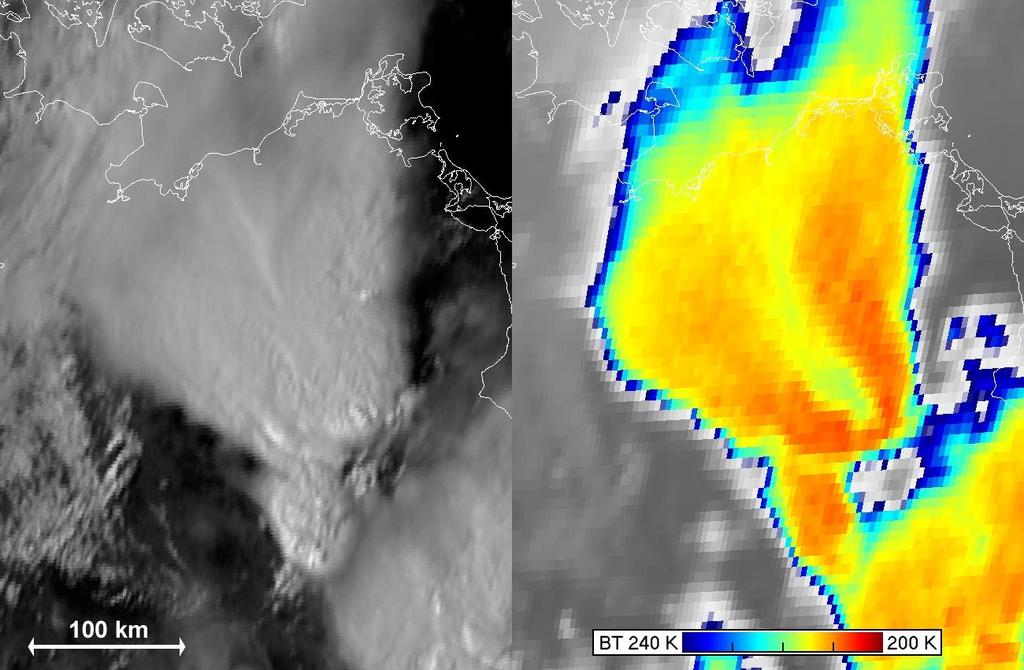 Cold-U/V (enhanced-v) shaped storms example and terminology: HRV Meteosat-9 (MSG2) 15:00