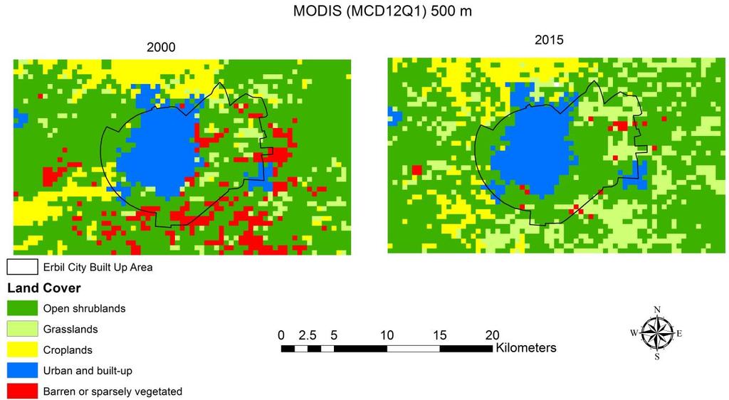 This may be explained by abrupt climatic changes resulting in vegetation growth or decline. The cropland class had the highest NDVI values over any other class during the 15 year period (Fig.