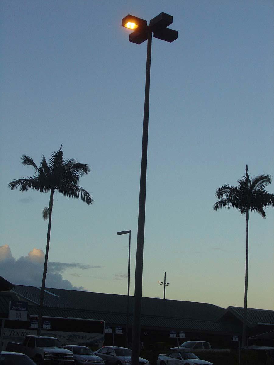 Newly installed parking lot lighting in Hilo airport.