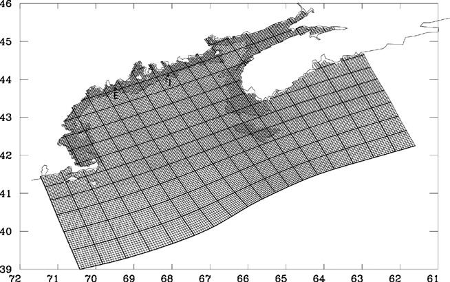 196 ecological modelling 210 (2008) 193 211 Fig. 2 Model grid of the Gulf of Maine Nowcast/Forecast System.