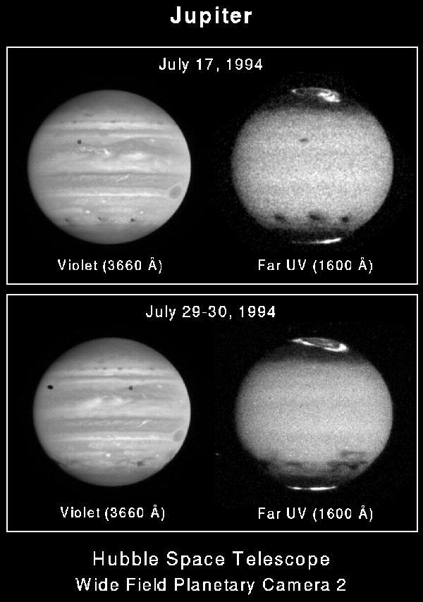 These four NASA Hubble Space Telescope images of Jupiter, as seen in visible (violet) and far-ultraviolet (UV) wavelengths, show the remarkable spreading of the clouds of smoke and dust thrown into